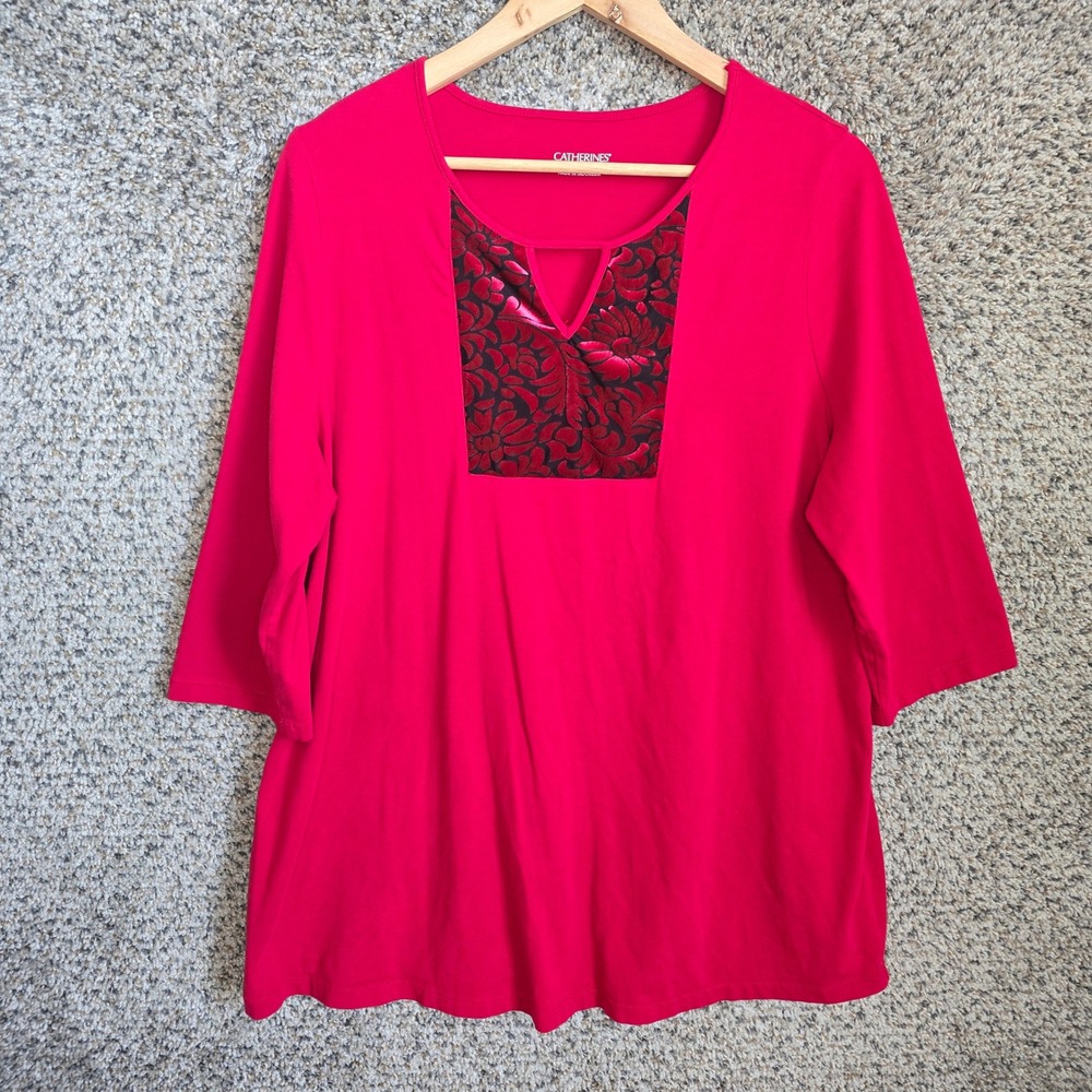 Catherines Top Womens Plus 14/16W Red Floral Velvet Accent 3/4 Sleeve Casual
